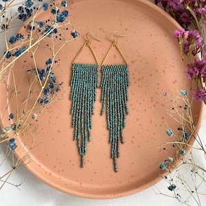 Turquoise seed bead earrings Marble bead earrings Fringe beaded earrings Triangle beaded earrings Bohemian earrings Christmas Gift for her