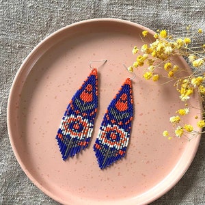 Flowers beaded earrings Blue Orange earrings Floral seed bead earrings Fringe bead earrings Colorful earrings Boho Hippie style Gift for her