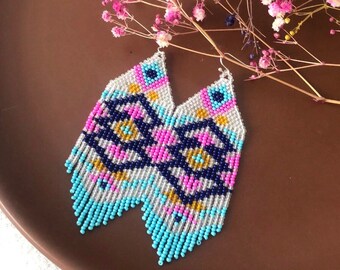 Ornament beaded earrings Fringe seed bead earrings Tribal beaded earrings Native style earrings Rhombus beaded earrings Gift for her