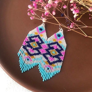 Ornament beaded earrings Fringe seed bead earrings Tribal beaded earrings Native style earrings Rhombus beaded earrings Gift for her