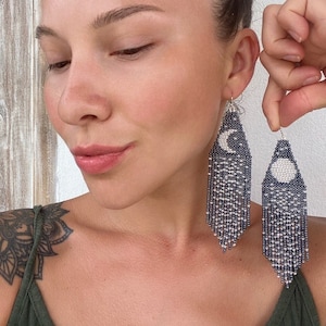 Moon beaded earrings Starfall seed bead earrings Full moon earrings Earrings Moon in Egypt Fringe beaded earrings Long beaded earrings Gift
