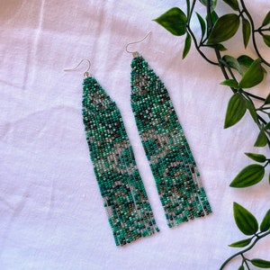 Green seed bead earrings Fringe beaded earrings Green earrings Floral earrings Abstract bead earrings Tropical earrings Jungle earrings Gift