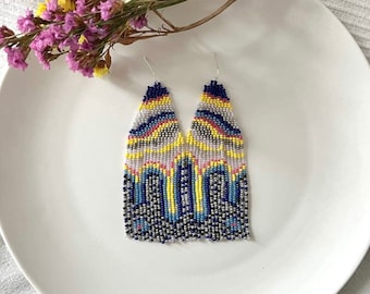 Abstract beaded earrings Fringe seed bead earrings Modern earrings Flowing paints earrings Dangle statement bead earrings Gift for her