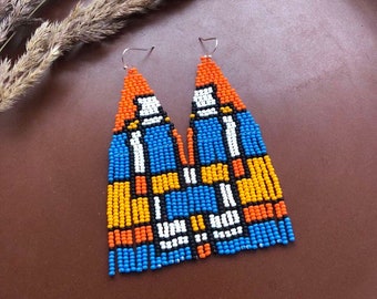 Abstract beaded earrings Square seed bead earrings Modrian beaded earrings Orange Blue White earrings Modern beaded earrings Gift for her