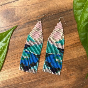 Landscape beaded earrings Moon seed bead earrings Nature earrings Mountains bead earrings Gift for her Fringe beaded earrings Dangle earring