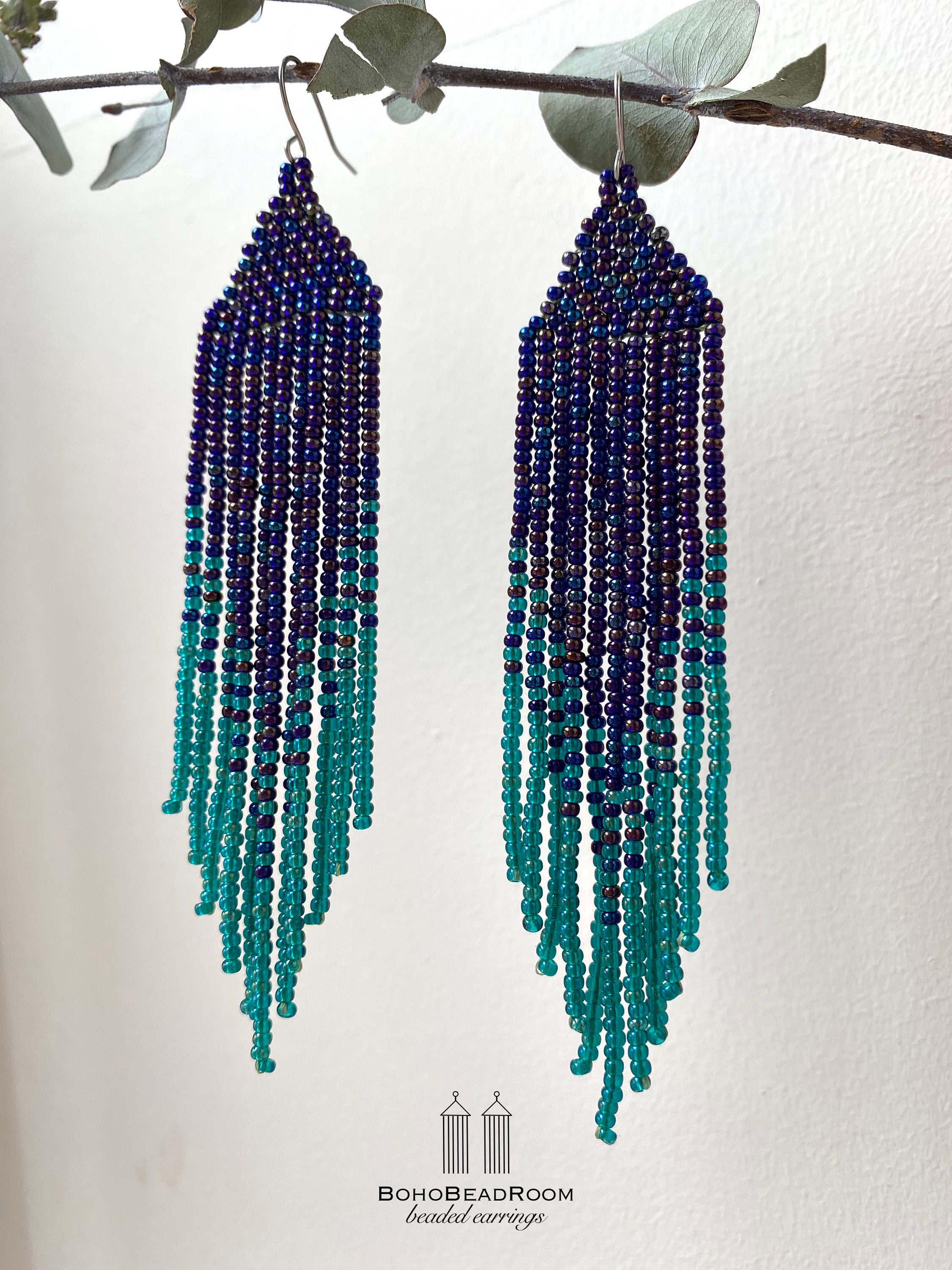 Navy Blue Beaded Earrings Fringe Seed Bead Earrings Blue Green Fringe ...