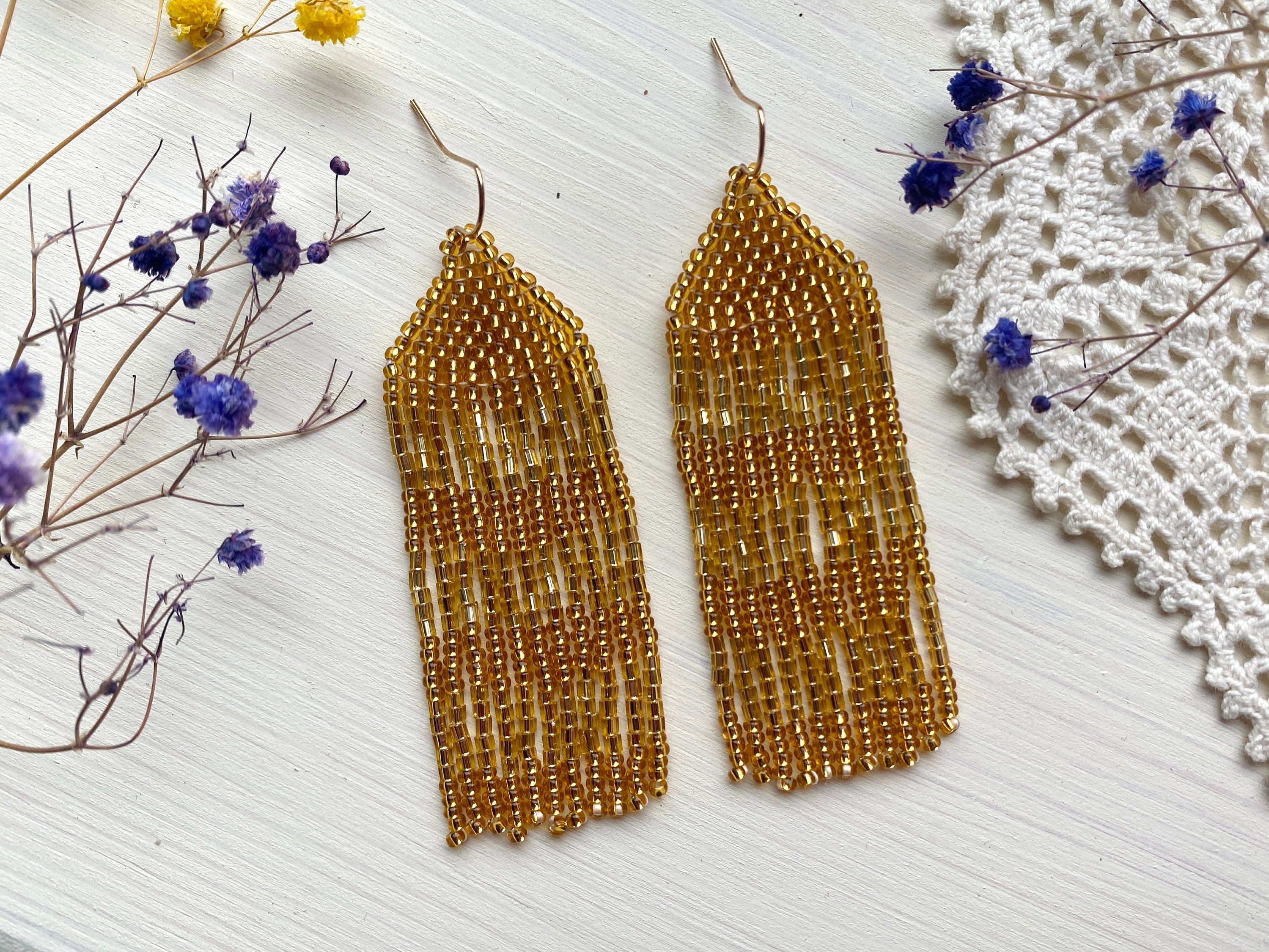 Gold Seed Bead Earrings Gold Beaded Earrings Fringe Bead Etsy