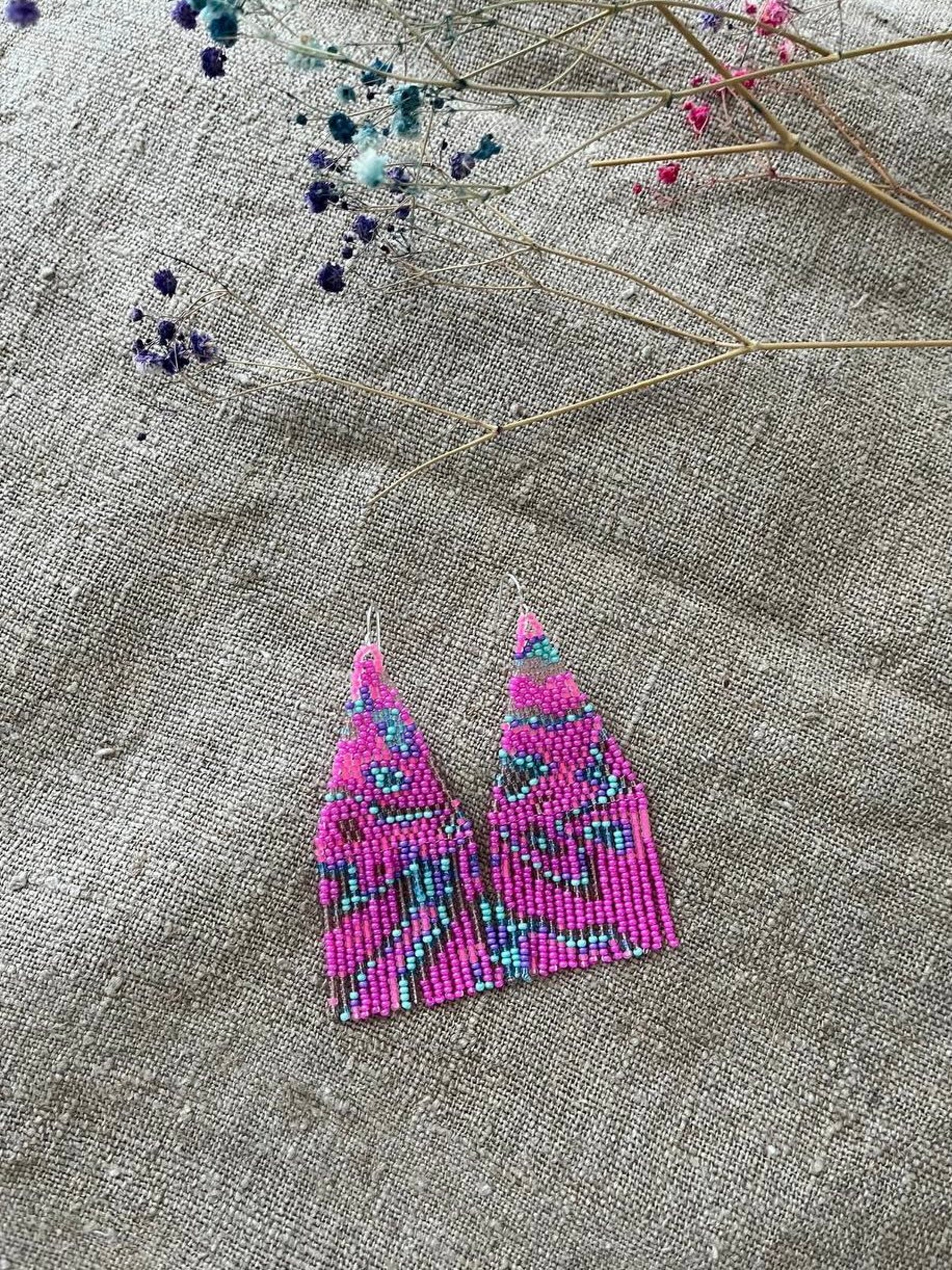 Pink Beaded Earrings Neon Pink Seed Bead Earrings Fringe Beaded ...