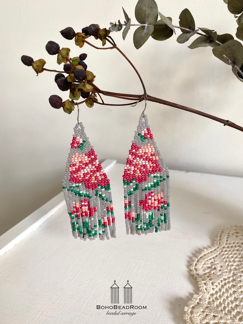 Peonies beaded earrings Floral seed bead earrings Gray Pink Flowers earrings Boho earrings Peony earrings Gift Native long beaded earrings image 10