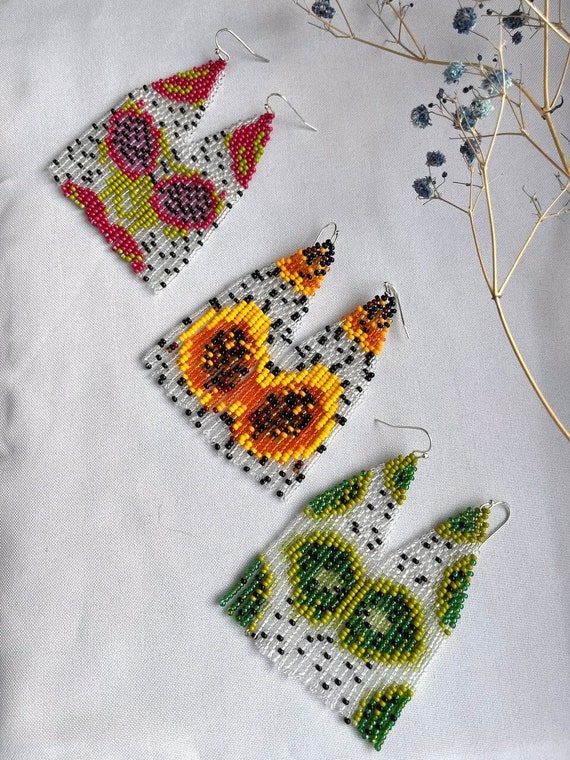 Exotic Fruits Beaded Earrings Fruit Seed Bead Earrings Kiwi