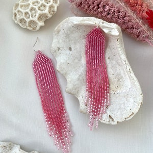 Pink Beaded Earrings Ombre Seed Bead Earrings Fringe Beaded Earrings ...