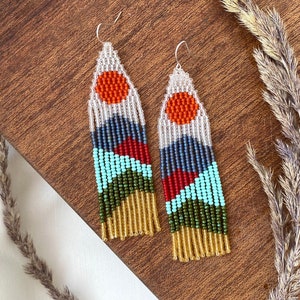 Mountains earrings Nature seed bead earrings Sunset beaded earrings Long fringe earrings Gift for her Handwoven earrings Landscape earrings