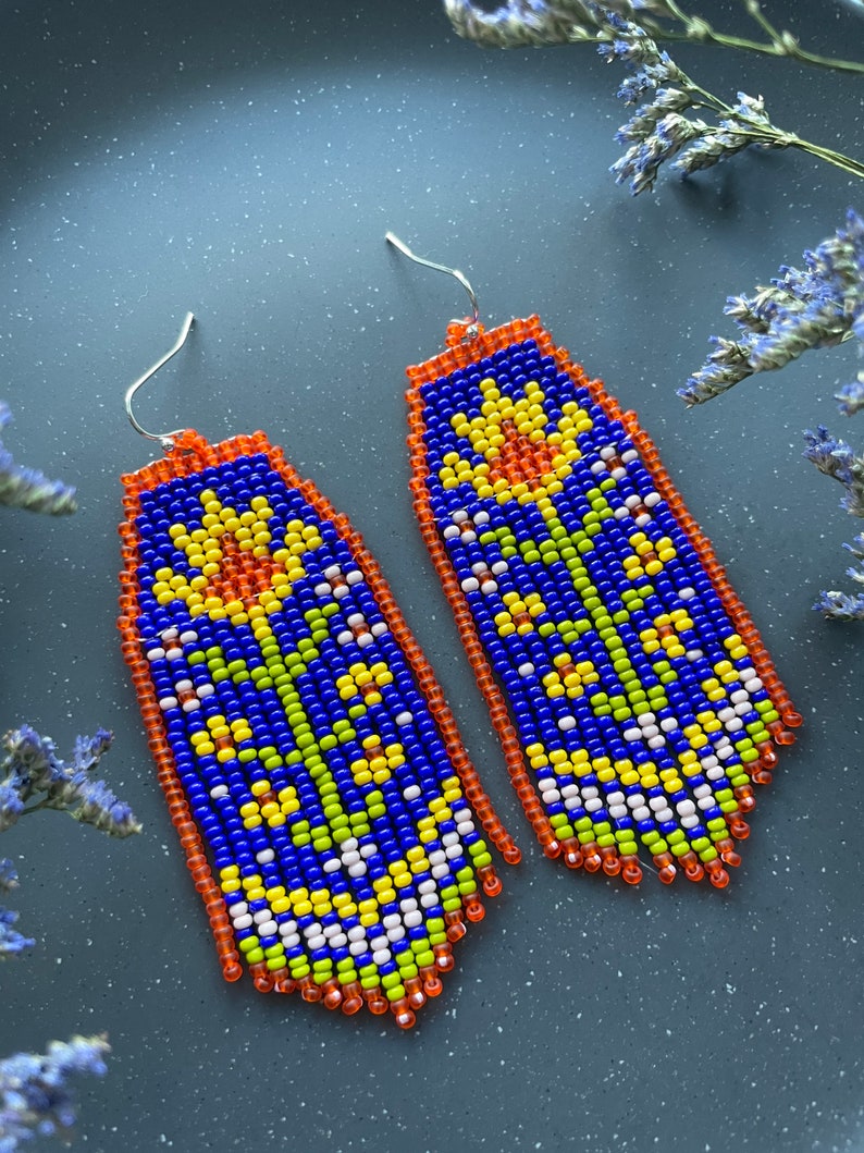 Flowers beaded earrings Floral seed bead earrings Fringe bead earrings Bright bead earrings Colorful earrings Boho Hippie style Gift for her image 8