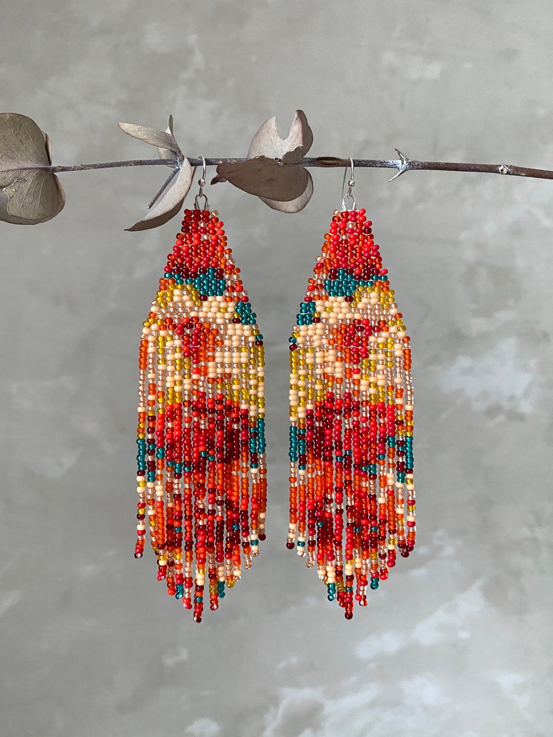 Flowers Bead Earrings Red Chrysanthemum Earrings Fringe Seed Bead