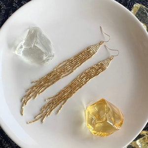 Bright beaded earrings Gold seed bead earrings Long beaded earrings Fringe seed bead earrings Gift for her Dangle earrings Evening earrings