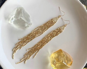Bright beaded earrings Gold seed bead earrings Long beaded earrings Fringe seed bead earrings Gift for her Dangle earrings Evening earrings
