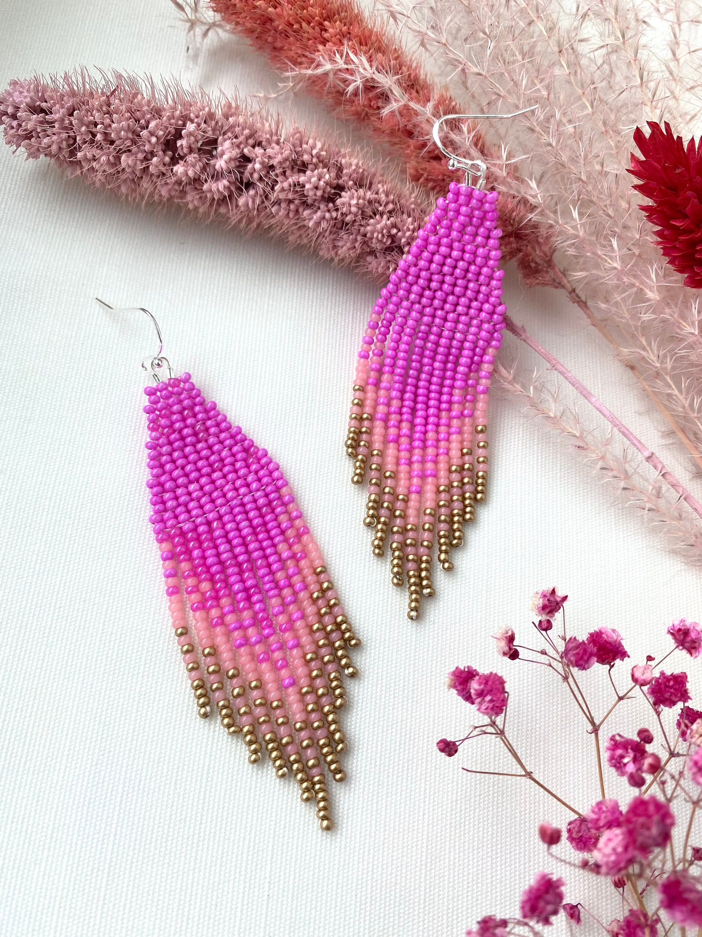 Pink Gold Beaded Earrings Ombre Seed Bead Earrings Candy Fringe Bead ...