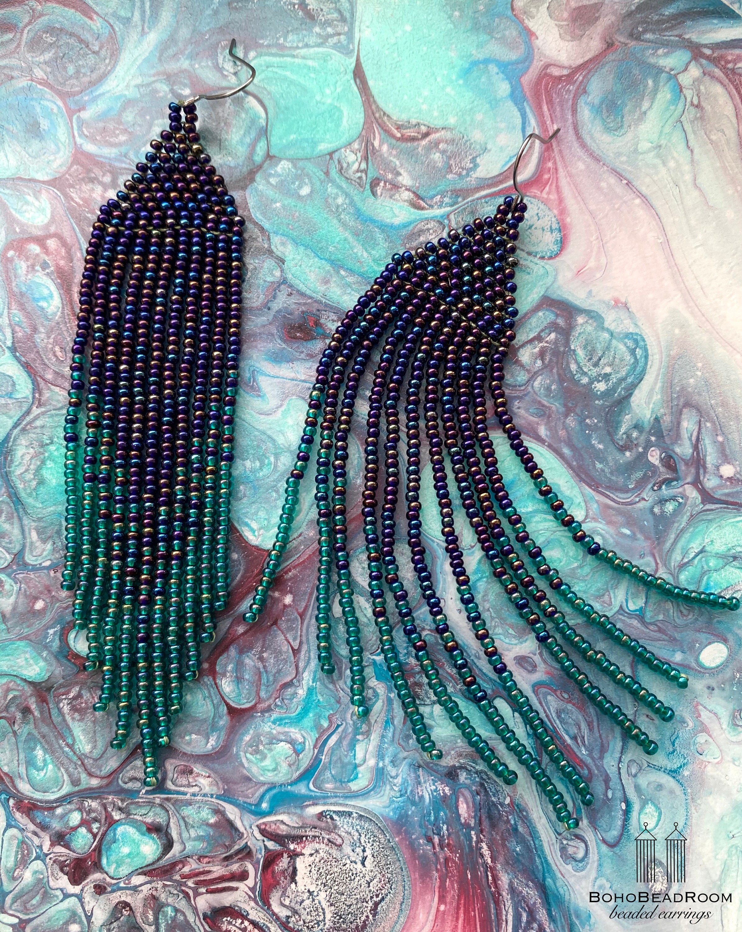 Navy Blue Beaded Earrings Fringe Seed Bead Earrings Blue Green Fringe ...