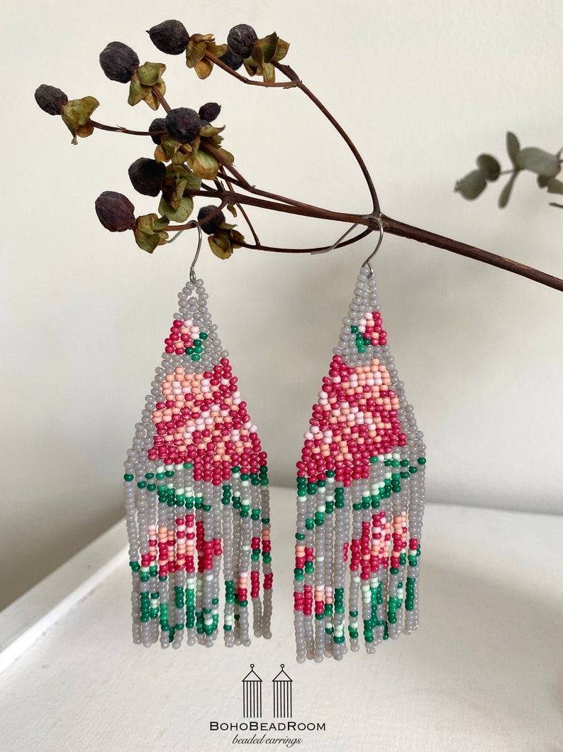 Peonies beaded earrings Floral seed bead earrings Gray Pink Flowers earrings Boho earrings Peony earrings Gift Native long beaded earrings image 4