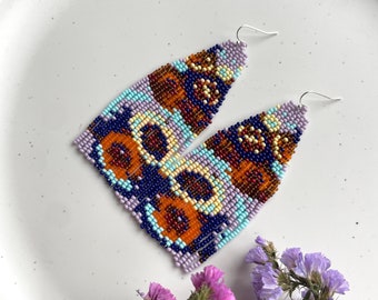 Abstract beaded earrings Purple Rudy Ginger seed bead earrings Fringe bead earrings Floral beaded earrings Gift for her Boho Chic earrings