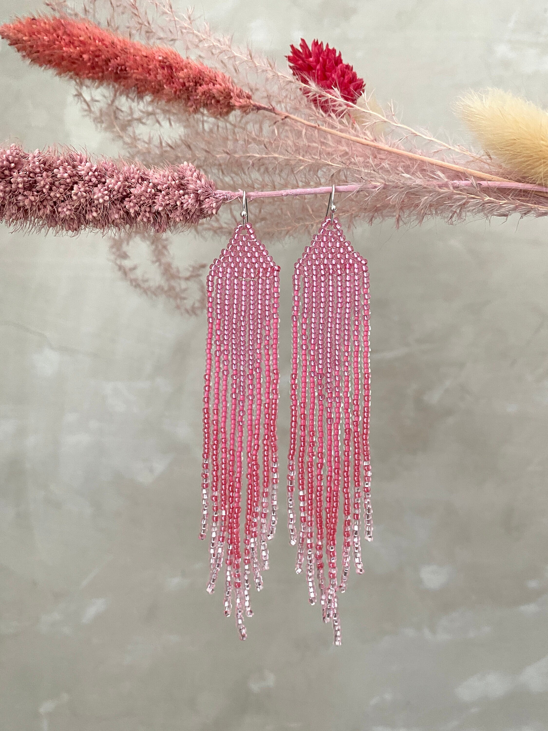 Pink Beaded Earrings Ombre Seed Bead Earrings Fringe Beaded Earrings ...
