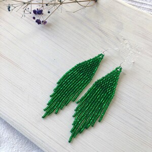 Green Beaded Earrings Bright Shining Earrings Fringe Seed Bead Earrings ...