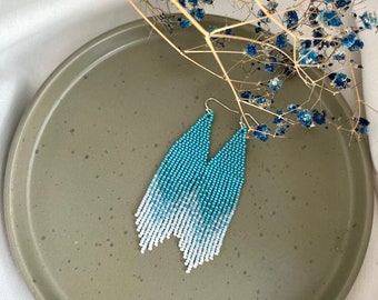 Blue beaded earrings Ombre seed bead earrings Fringe beaded earrings Dangle beaded earrings Tender blue ombre earrings Gift for her