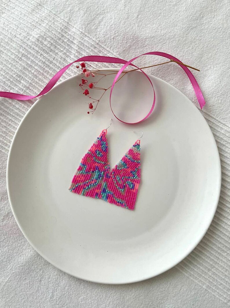 Pink Beaded Earrings Neon Pink Seed Bead Earrings Fringe Beaded ...