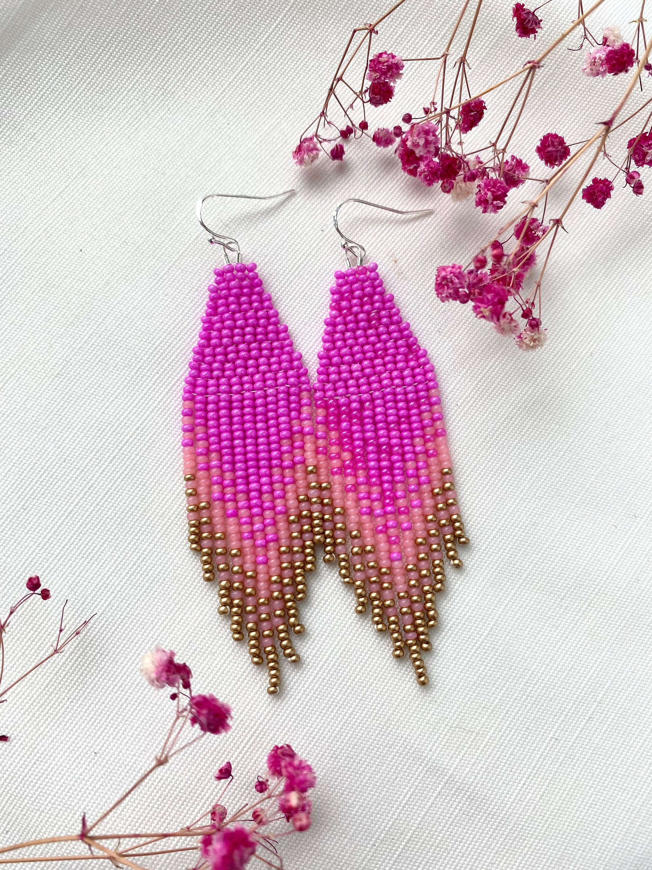 Pink Gold Beaded Earrings Ombre Seed Bead Earrings Candy Fringe Bead ...
