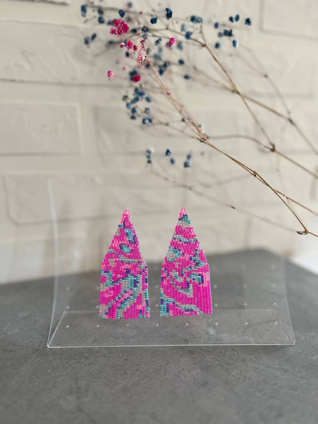 Pink Beaded Earrings Neon Pink Seed Bead Earrings Fringe Beaded ...