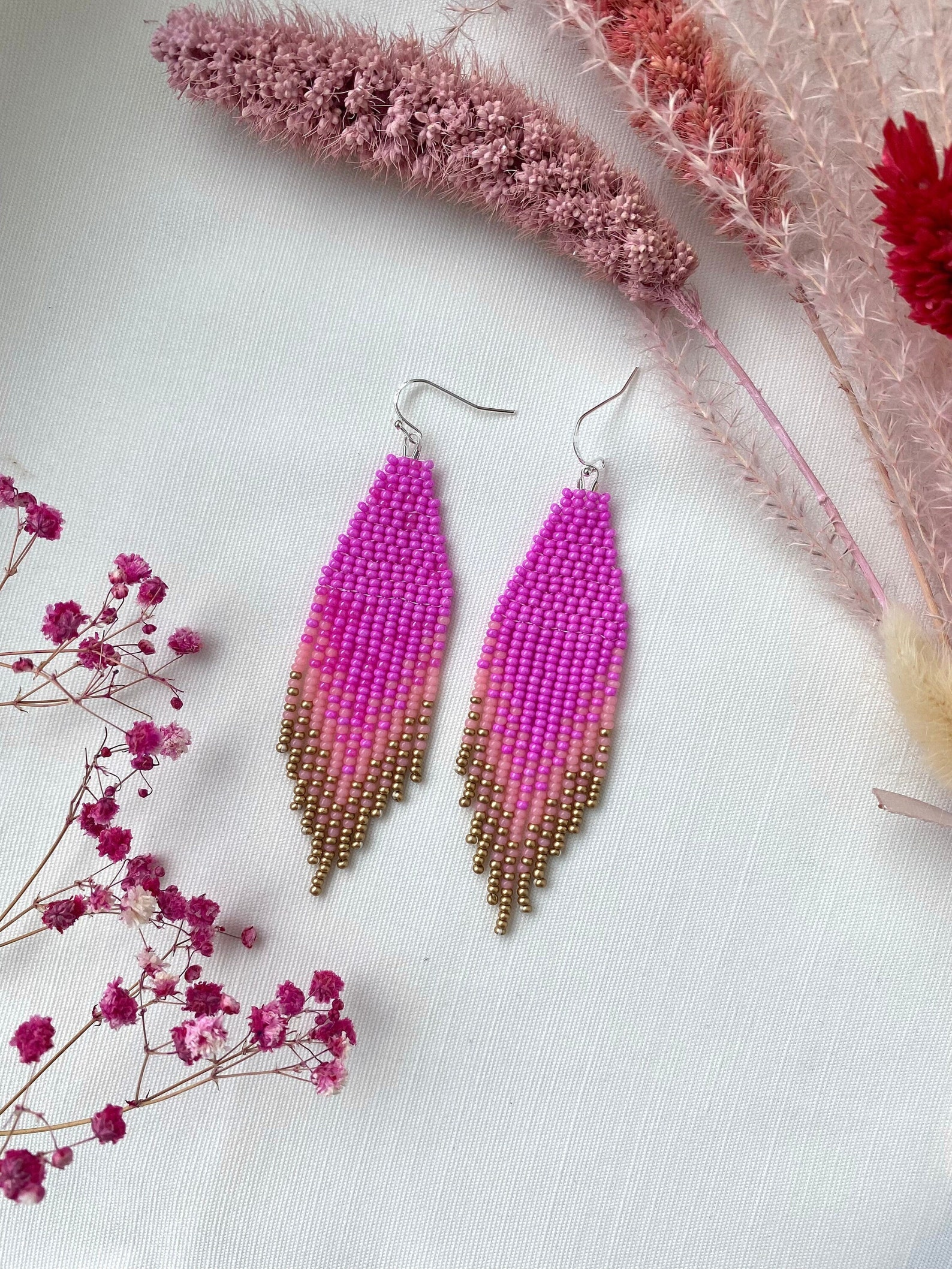 Pink Gold Beaded Earrings Ombre Seed Bead Earrings Candy Fringe Bead ...