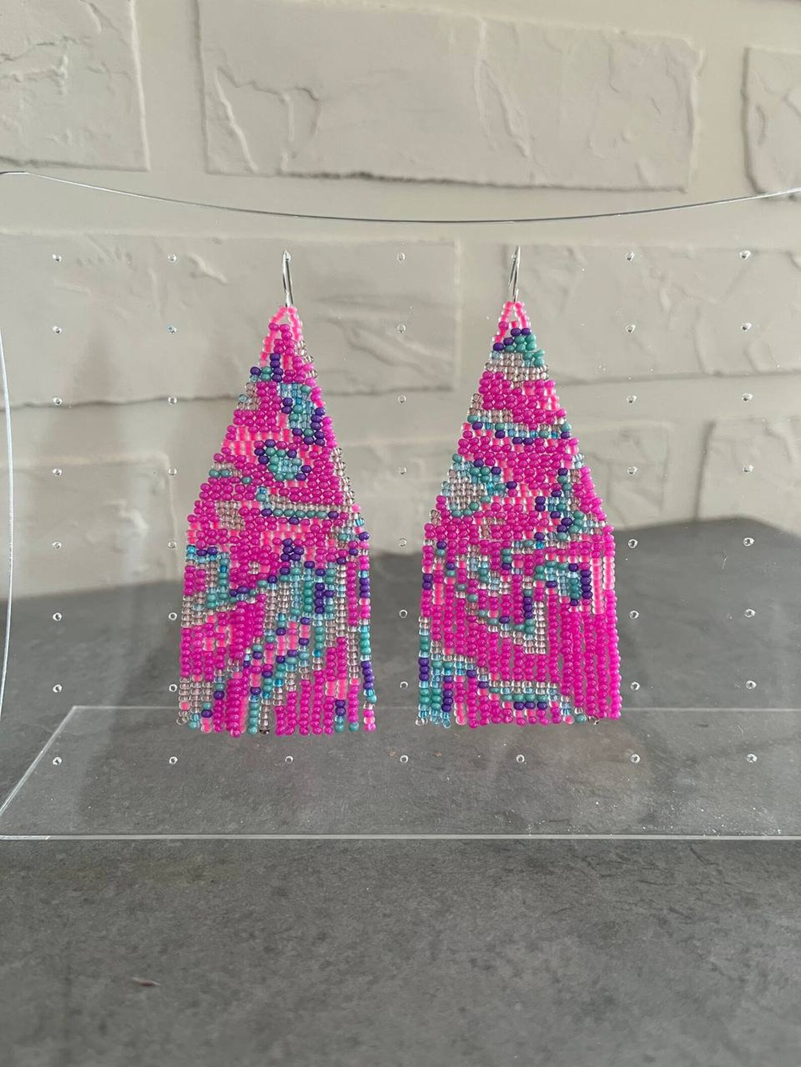 Pink Beaded Earrings Neon Pink Seed Bead Earrings Fringe Beaded ...