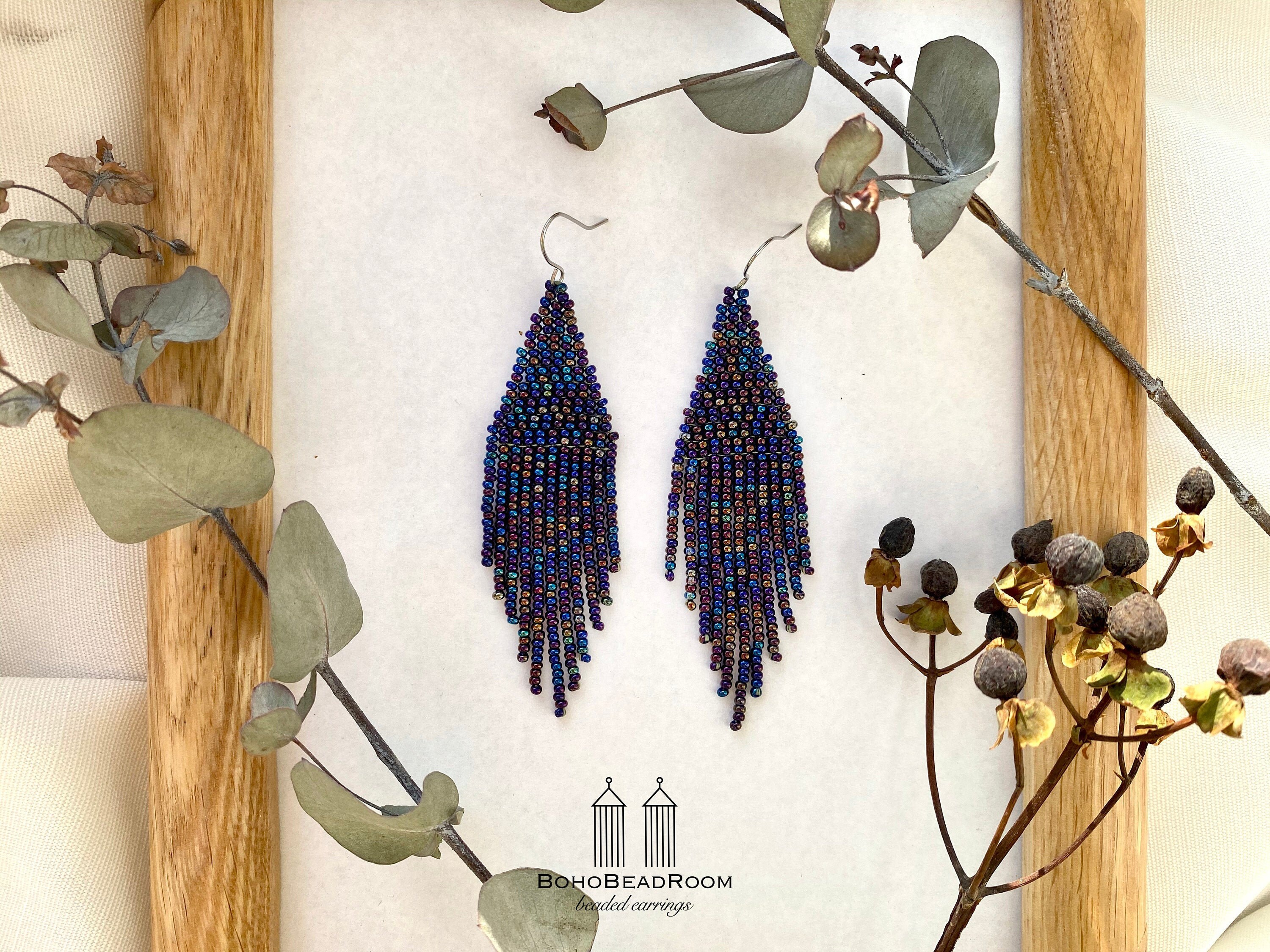 Navy blue beaded earrings Rainbow neochrome earrings Dark blue Etsy