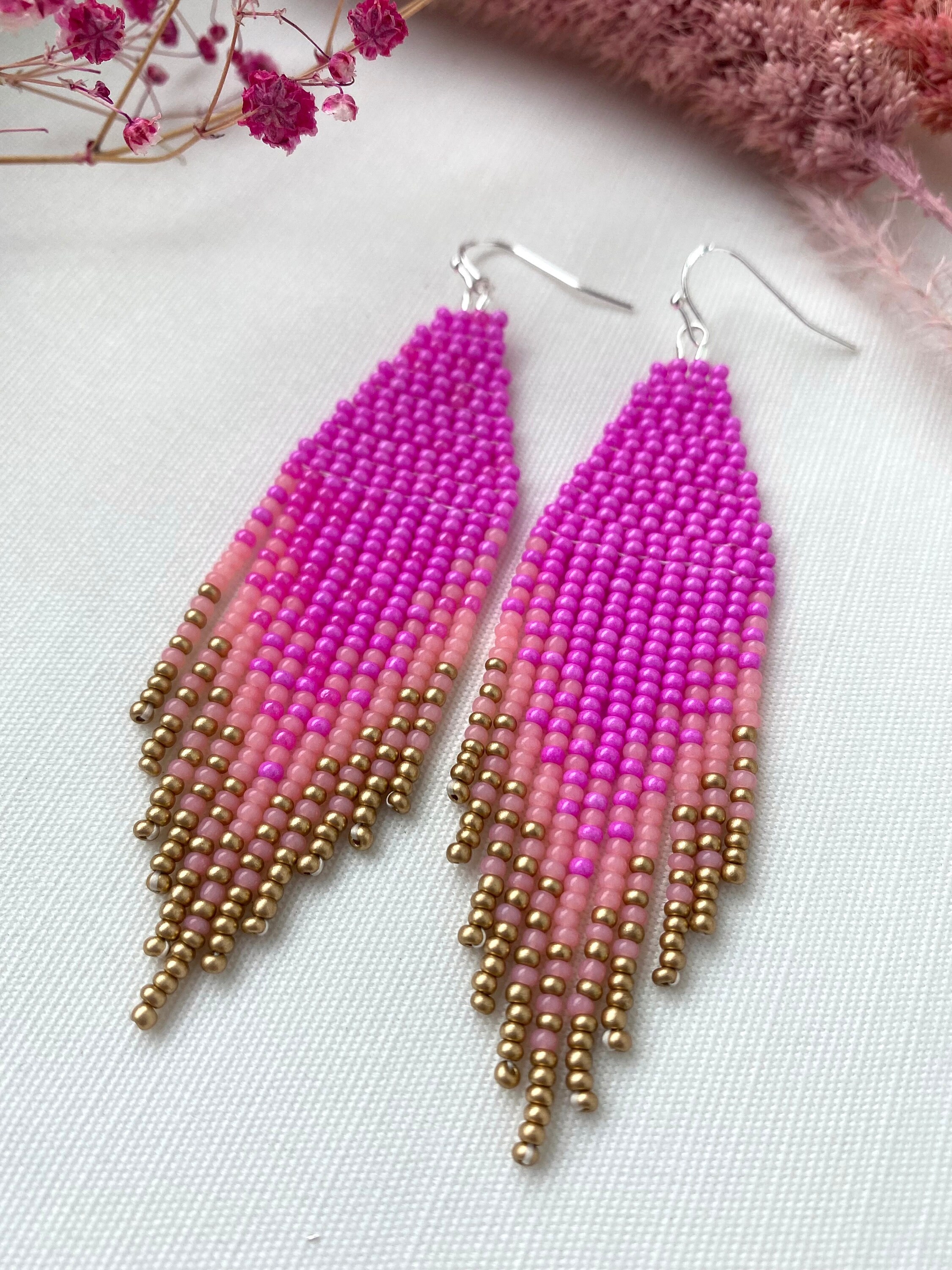 Pink Gold Beaded Earrings Ombre Seed Bead Earrings Candy Fringe Bead ...