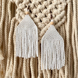 White beaded earrings Bridal earrings Bohemian earrings Seed bead earrings Boho earrings Long fringe earrings  Long wedding white earrings