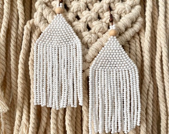 White beaded earrings Bridal earrings Bohemian earrings Seed bead earrings Boho earrings Long fringe earrings  Long wedding white earrings