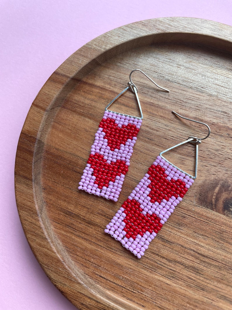 Red heart beaded earrings Heart seed bead earrings Valentine's day gift Red Pink heart earrings Valentine Gift for her Modern bead earrings image 5