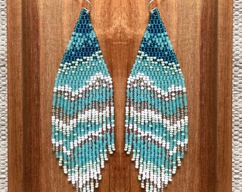 Ocean Wave Beaded Earrings Turquoise Seed Bead Earrings Long Blue Beaded Earrings Boho Earrings Fringe beaded earrings Sea blue earrings