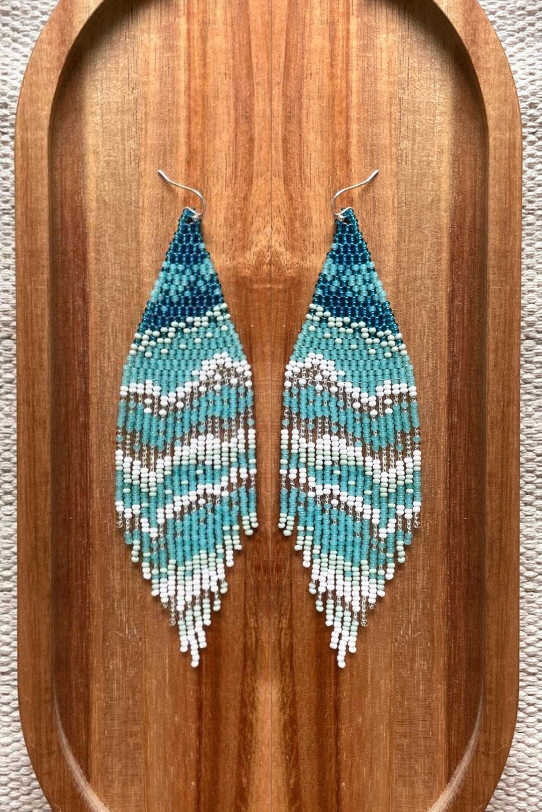 Handmade Turquoise Blue Beaded Extra Long Earrings – Brass, Glass Seed Beads, Nickel-Free