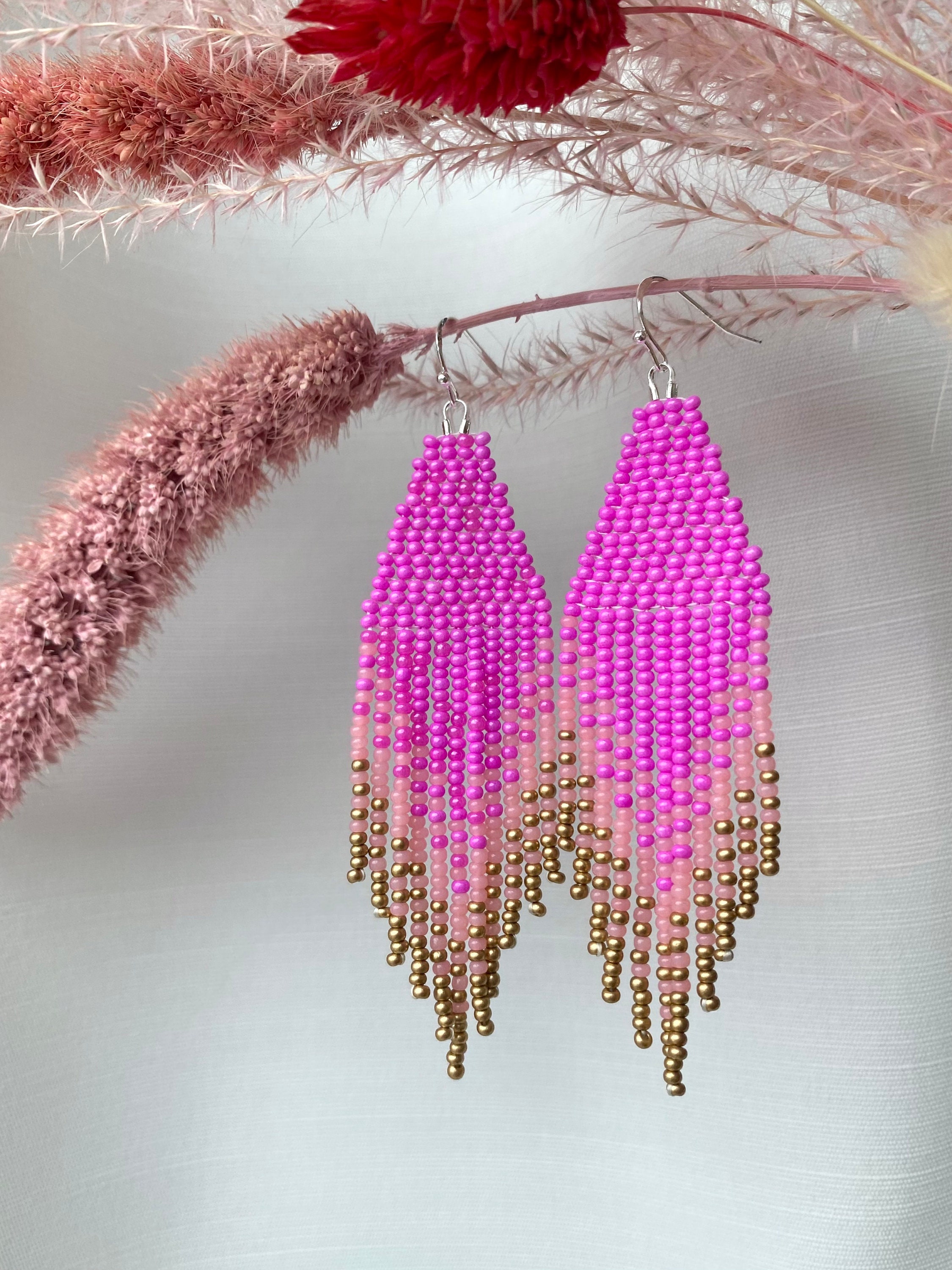 Pink Gold Beaded Earrings Ombre Seed Bead Earrings Candy Fringe Bead ...