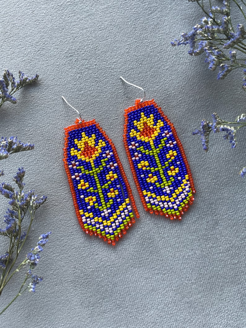 Flowers beaded earrings Floral seed bead earrings Fringe bead earrings Bright bead earrings Colorful earrings Boho Hippie style Gift for her image 4