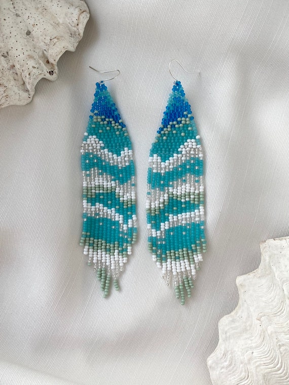 Exclusive Ocean Wave Bead Earrings Turquoise Seed Bead | Etsy