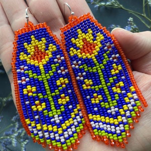 Flowers beaded earrings Floral seed bead earrings Fringe bead earrings Bright bead earrings Colorful earrings Boho Hippie style Gift for her image 7