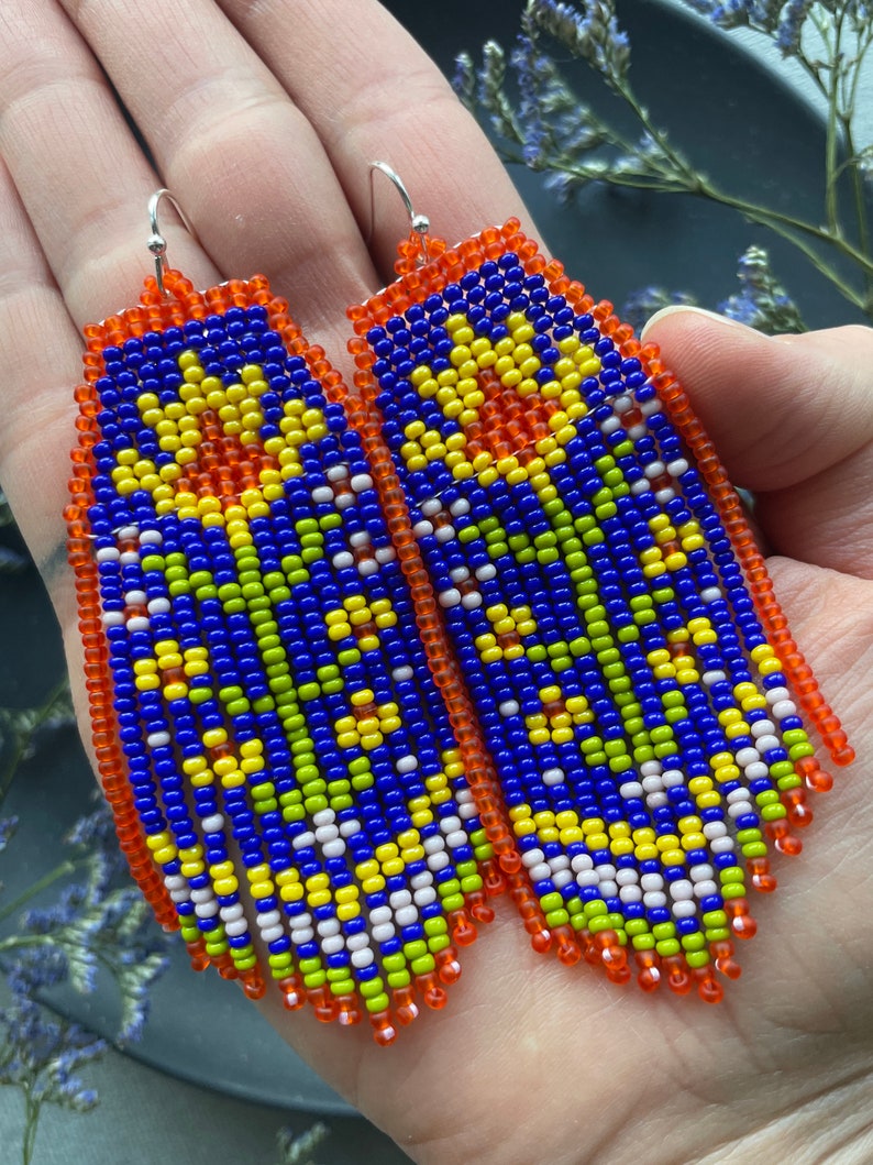 Flowers beaded earrings Floral seed bead earrings Fringe bead earrings Bright bead earrings Colorful earrings Boho Hippie style Gift for her image 7