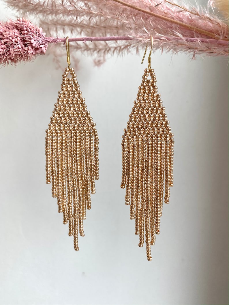 Gold Seed Bead Fringe Earrings – Boho Dangle Beaded Jewelry, Chic ...