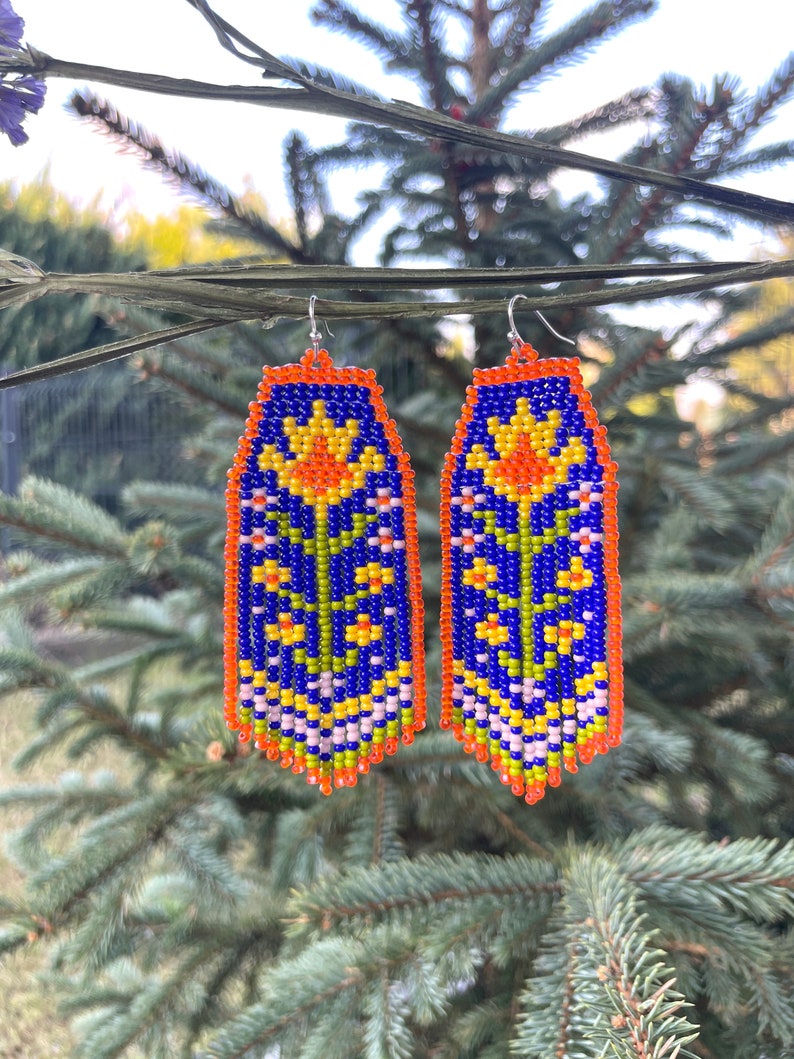 Flowers beaded earrings Floral seed bead earrings Fringe bead earrings Bright bead earrings Colorful earrings Boho Hippie style Gift for her image 6