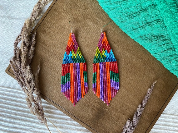 Colorful beaded earrings Fringe seed bead earrings Multicolor earrings Dangle bead earrings Boho Chic earrings Ethnic earrings Gift for her