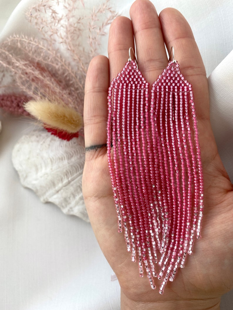 Pink Beaded Earrings Ombre Seed Bead Earrings Fringe Beaded Earrings ...
