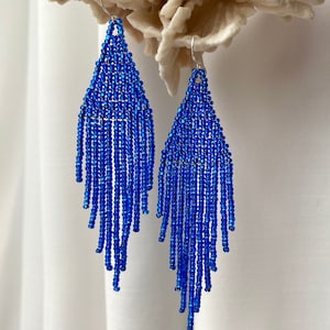 Blue beaded earrings Bright seed bead earrings Chandelier earrings Bridesmaid earrings Bridal earrings Shining earrings Gift for her