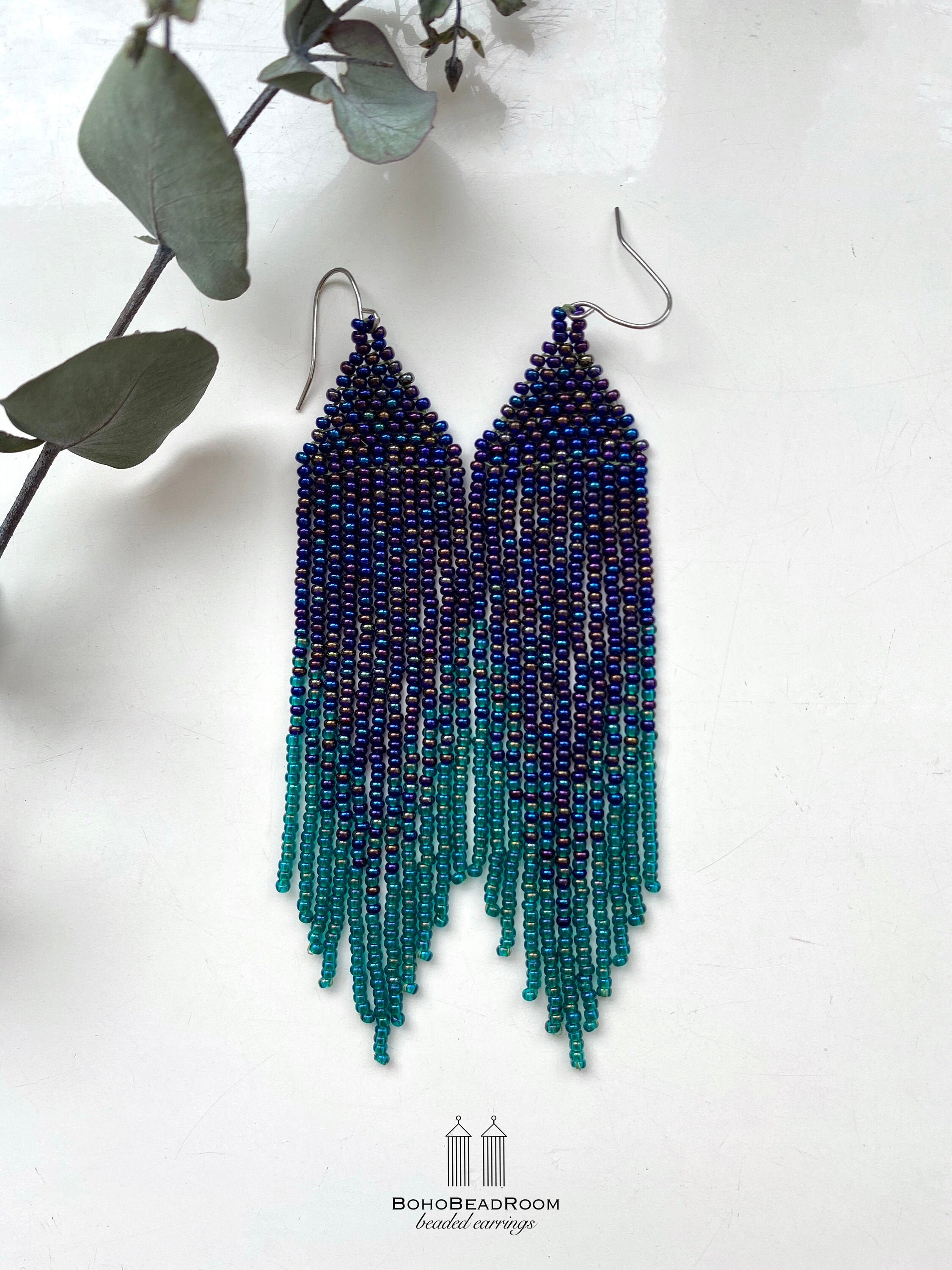 Navy Blue Beaded Earrings Fringe Seed Bead Earrings Blue Green Fringe ...